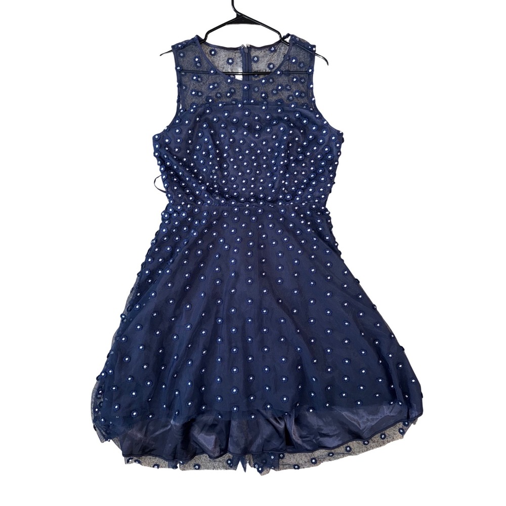 Tahari Arthur S Levine Navy Blue Mesh Floral Embroidered Fit Flare Dress Size 10